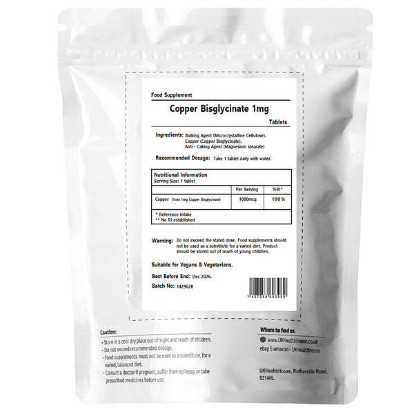 Copper Bisglycinate 1mg - Tablets 1,000mcg Mineral Supplement ...