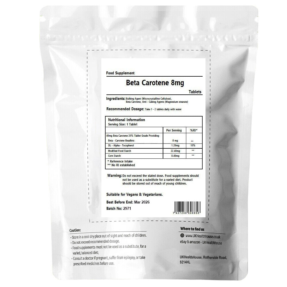 Beta Carotene 8mg Tablets Eye & Skin Care Immune System Tanning Tablet